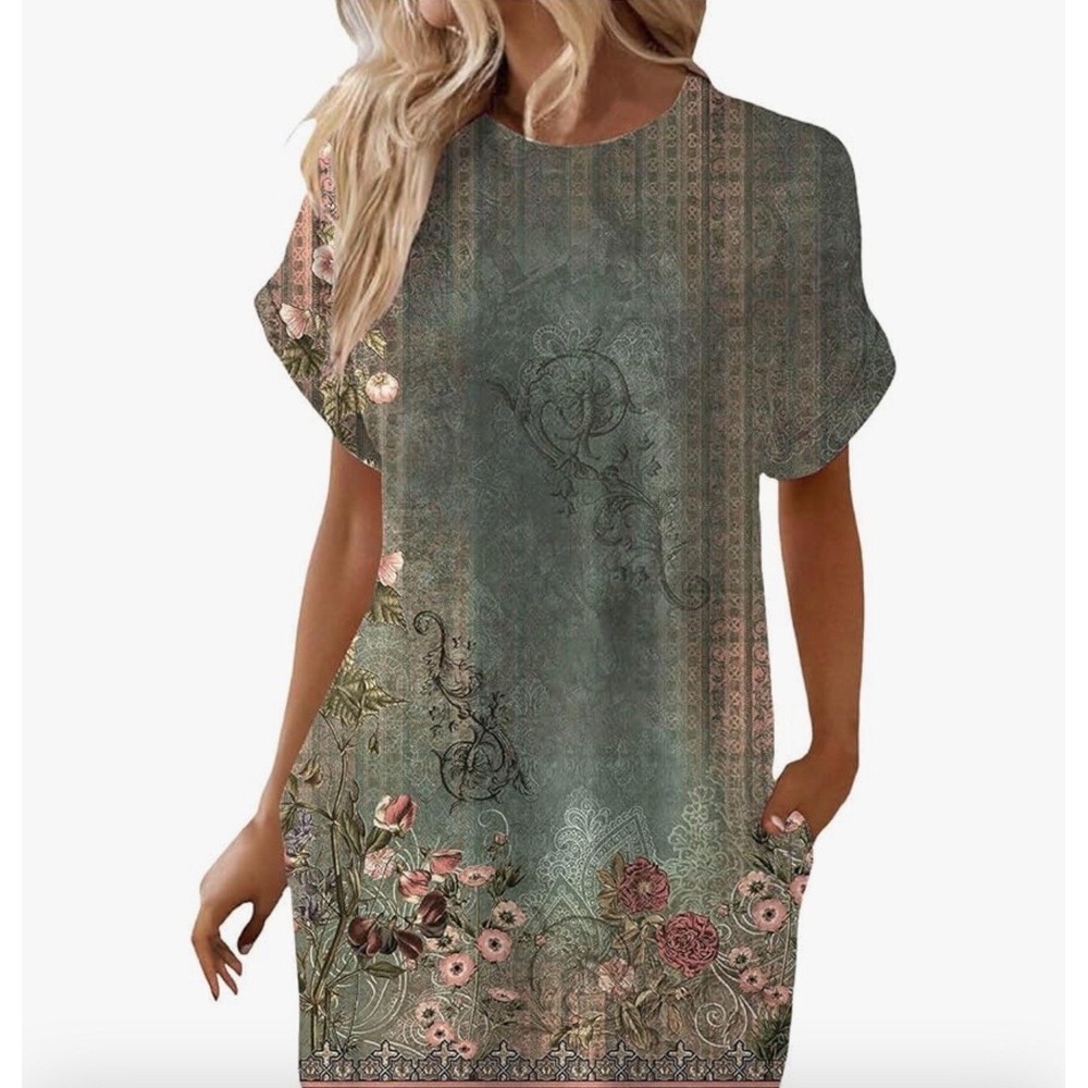 EKOUAER Floral Plus Size Dress Mumu Size 3XL Light Short Sleeve Round Neck Boho
